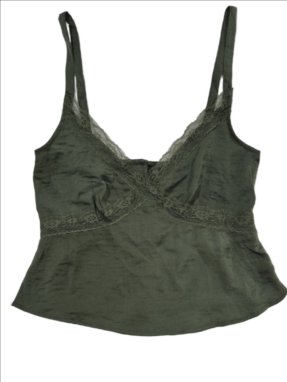 Stradivarius Satin Olive Green Camisole Top with Lace Trim And A V Neck